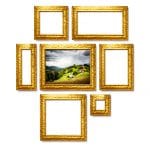 Antique golden frames collection on white background. Gallery wall ideas. Middle object with clipping path